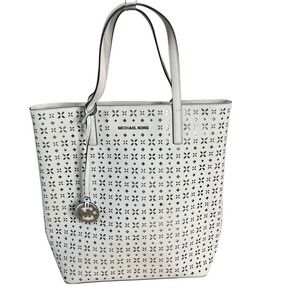 Michael Kors Hayley‎ Floral Perforated Large Tote Bag White Silver Tone hardware